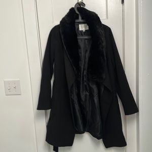 Black faux fur collared wool coat